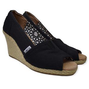 Toms Wedges 6 W Womens Black Slip On Open Toe Woven Sandals